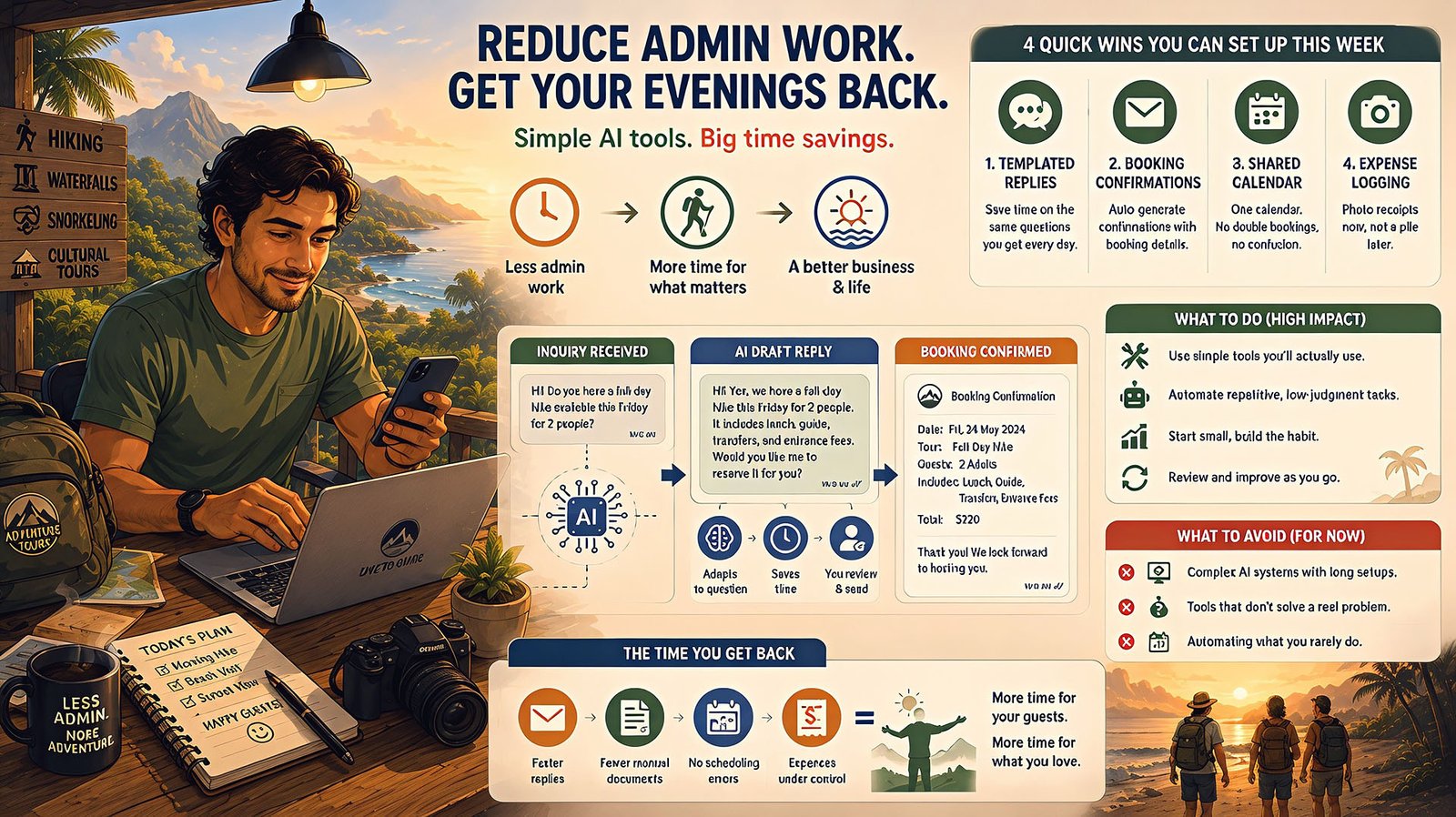 Concrete, low-lift ways a time-poor tour operator can cut admin work with AI — starting with wins you can set up this week.